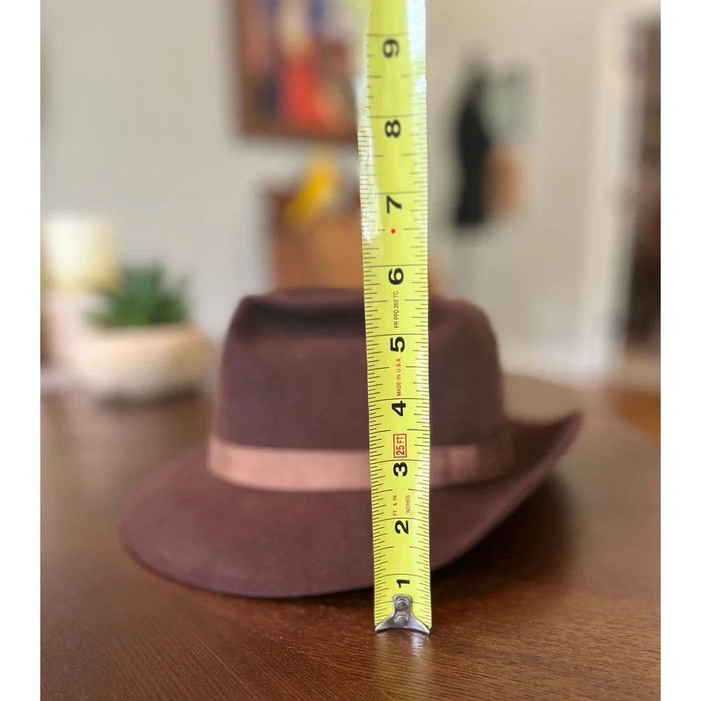 Vintage Chocolate Brown Wool Felt Fedora Hat Mens Lge Wide Brim Ribbon Band Cap